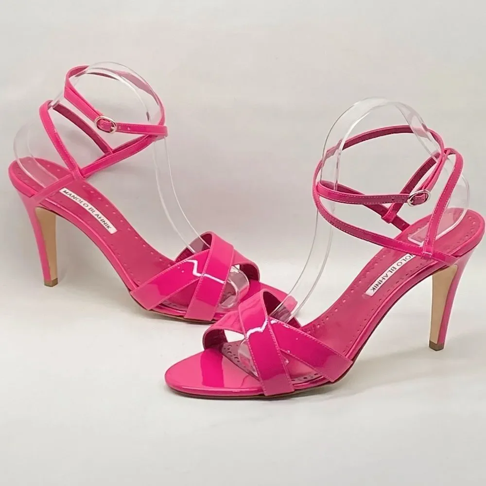 Manolo Blahnik Tormentas 90MM Patent Leather Ankle-Wrap Sandals size 41 - Picture 7 of 12